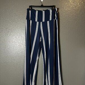 Navy Blue White Striped Wide Leg Pants Womens Large High Rise Flowy